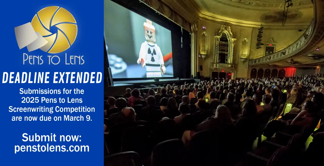 Pens to Lens Logo, Deadline Extended to March 9, People in a theatre watching a movie